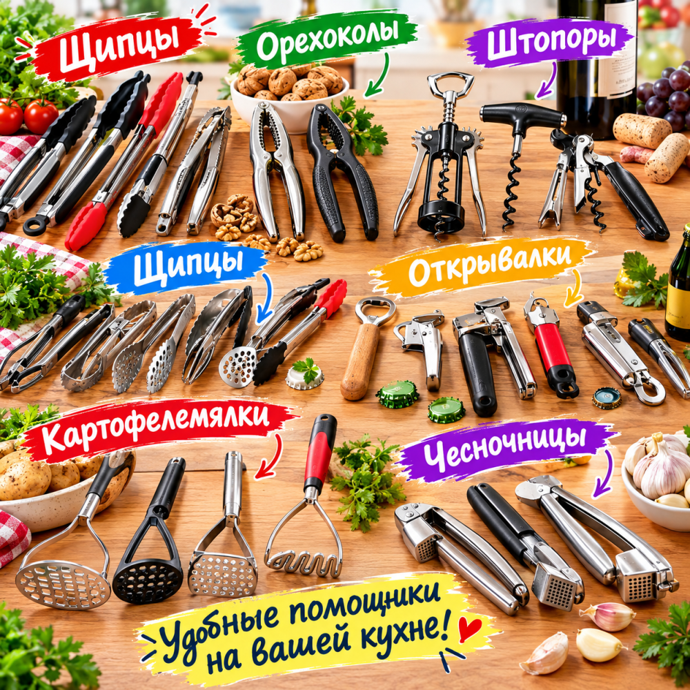 Щипцы, орехоколы, штопоры, открывалки, картофелемялки, чесночницы
