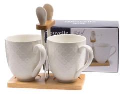 Н-Р КРУЖЕК фарф.2 шт 320 мл с ложками на бамбук.под.(арт.2630270) - фото