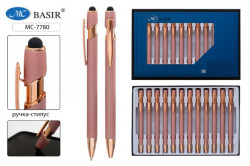 МС-7780 Ручка метал.: автомат. со стилусом, цвет корпуса-пудра с элем. - фото